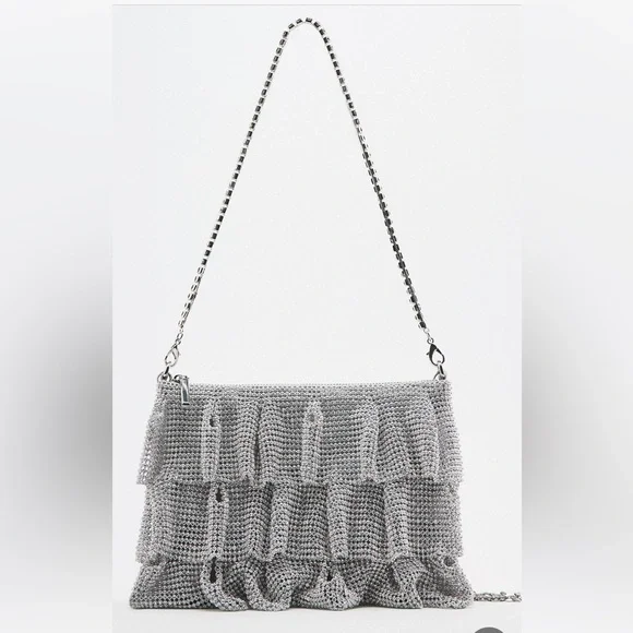 Zara | Bags | Zara Silver Ruffled Rhinestones Mesh Crossbody
